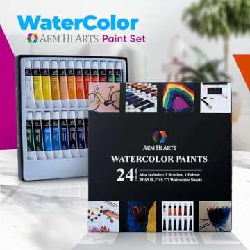 AEM Hi Arts Watercolor Paint Set - Washable Water Color Painting for Kids, Beginners, Art Students, Adults - Art Supplies Kit 24 Water Coloring Paint Tubes, Brush Set, Paper & Palette/Pan