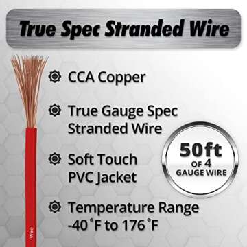 InstallGear 4 Gauge Wire (50ft) Copper Clad Aluminum CAA - Primary Automotive Wire, Car Amplifier Power & Ground Cable, Battery Cable, Car Audio Speaker Stereo, RV Trailer Wiring Welding Cable 4ga