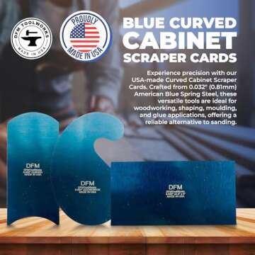 DFM Tool Works Blue Curved Cabinet Scraper Cards - Cabinet Scraper for Woodworking, Card Scraper Tool for Precision and Fine Finishes - Ideal Tool for Woodworking Projects - Made in USA (Set of 3)