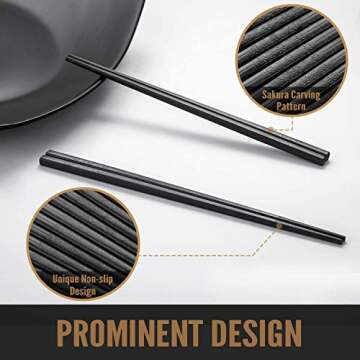 HIWARE 10 Pairs Fiberglass Chopsticks - Reusable Chopsticks Dishwasher Safe, 9 1/2 Inches - Black