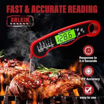 AWLKIM Meat Thermometer Digital - Waterproof Kitchen Thermometer with Backlight and Hold, Fast Instant Read Food Thermometer for Cooking, Candy Making, Outside Grill, Stocking Stuffers for Adult Men