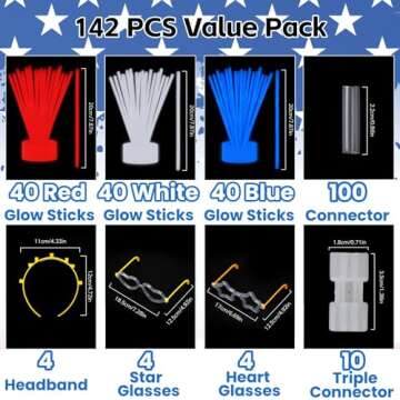 UURM 142 Pcs Glow Sticks Red White Blue with Accessories for Election Party, Patriotic Star Heart Glasses Glow Bracelets Glow Necklaces, Glow in The Dark Party Supplies