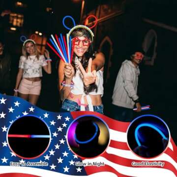 UURM 142 Pcs Glow Sticks Red White Blue with Accessories for Election Party, Patriotic Star Heart Glasses Glow Bracelets Glow Necklaces, Glow in The Dark Party Supplies