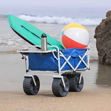 MacSports All Terrain Beach Wagon with Side Table|Heavy Duty Collapsible Folding Cart with Large Wheels for Beach Day, Picnic, Camping, Outdoor Activities | Blue/White