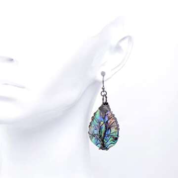 Handmade Teardrop Abalone Shell Dangle Earrings - Unique Tree of Life Design