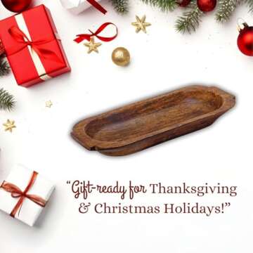 Mie Creations 16'' Large Wooden Dough Bowl for Decor, Huge Decorative Centerpiece Oval Rustic Dough Bowls for Table | Holiday Gifts Thanksgiving Dining Christmas Decorations, Handmade Long Wood Bowl