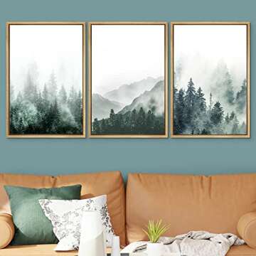 SIGNWIN Framed Canvas Print Wall Art Woodland Nursery Decor Set Misty Green Mountain Forest Valley Nature Wilderness Modern Art Rustic Landscape for Living Room, Bedroom, Office - 16"x24"x3 Natural