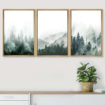 SIGNWIN Framed Canvas Print Wall Art Woodland Nursery Decor Set Misty Green Mountain Forest Valley Nature Wilderness Modern Art Rustic Landscape for Living Room, Bedroom, Office - 16"x24"x3 Natural