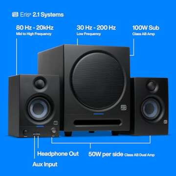 PreSonus Eris 2.1 Bluetooth Speaker System with Subwoofer — Eris 3.5 Studio Monitor Pair & Eris Sub 8BT for Near Field Music Production, Desktop Computer, Hi-Fi Home Audio