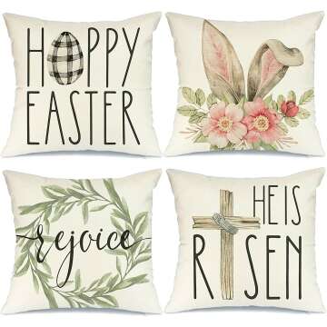 GEEORY Easter Pillow Covers 18x18 Set of 4 Easter Decorations for Home He is Risen Floral Pillows Bunny Easter Buffalo Plaid Eggs Decorative Throw Pillows Spring Easter Farmhouse Decor