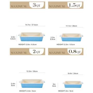 MALACASA Casserole Dishes for Oven, Porcelain Baking Dishes, Ceramic Bakeware Sets of 4, Rectangular Lasagna Pans Deep with Handles for Baking Kitchen, Blue (9.4"/11.1"/12.2"/14.7"), Series BAKE.BAKE