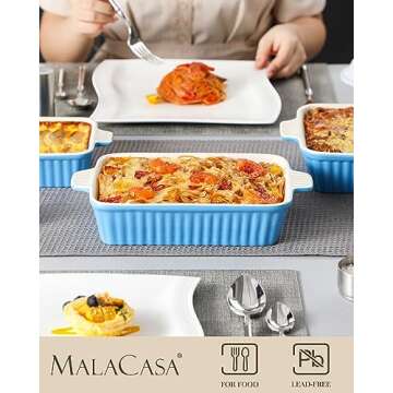 MALACASA Casserole Dishes for Oven, Porcelain Baking Dishes, Ceramic Bakeware Sets of 4, Rectangular Lasagna Pans Deep with Handles for Baking Kitchen, Blue (9.4"/11.1"/12.2"/14.7"), Series BAKE.BAKE