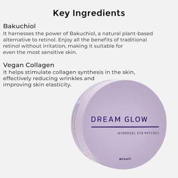 misoli Dream Glow Under Eye Patches | Anti-Aging Eye Treatment Gel Masks With Vegan Collagen & Bakuchiol | Under Eye Masks For Dark Circles and Puffiness, Under Eye Bags, Wrinkle Care, Men and Women