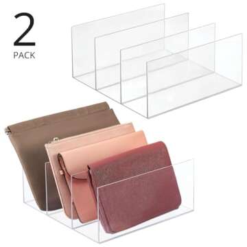 mDesign Plastic Purse/Handbag Organizer - Closet Divided Storage for Bags, Clutches, Wallets, Wristlets - Space-Saving Bedroom and Cabinet Organization - Lumiere Collection - 2 Pack - Clear