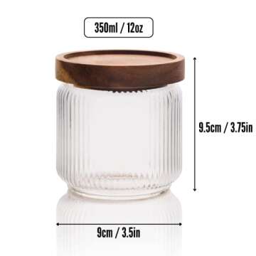 Mason & Fable 12 fl oz, 350ml Glass Food Storage Jars with Wood Lids (6pcs) - Stylish Ribbed Pattern for Kitchen Organization and Storage Containers for Spice, Tea, Coffee/Sugar