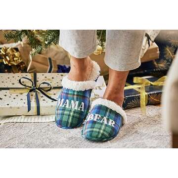 Dearfoams Women's Gifts for Mom Cute Cozy Mothers Day Mama Bear Slipper, Green Plaid, 9-10