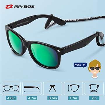 RIVBOS Kids Sunglasses Boys with Strap Polarized Rubber Flexible Shades for Toddler and Children Age 3-10 RBK004-2 Black Ice Green Lens