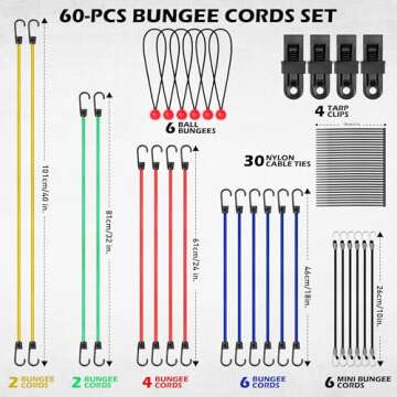 60-Piece Bungee Cords Assorted Sizes - 10" 18" 24" 32" 40" Bungee Cords with Hooks, Bungee Cords Heavy Duty Outdoor, Large Medium Small Mini Elastic Canopy Tarp Bungee Ball Ties Tarp Clips Organizer