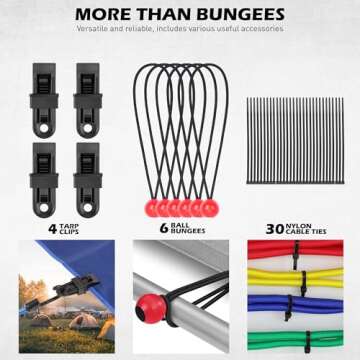 60-Piece Bungee Cords Assorted Sizes - 10" 18" 24" 32" 40" Bungee Cords with Hooks, Bungee Cords Heavy Duty Outdoor, Large Medium Small Mini Elastic Canopy Tarp Bungee Ball Ties Tarp Clips Organizer