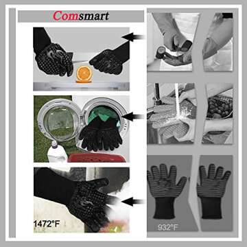 Comsmart BBQ Gloves, 1472 Degree F Heat Resistant Grilling Gloves Silicone Non-Slip Oven Gloves Long Kitchen Gloves for Barbecue, Cooking, Baking, Cutting