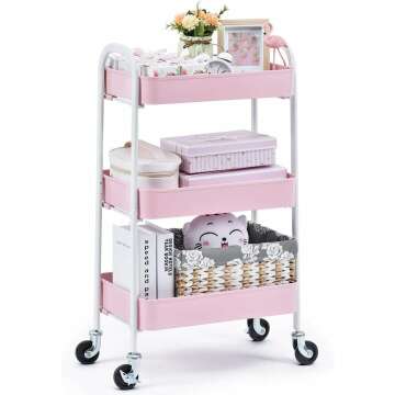 TOOLF 3 Tier Rolling Utility Cart - Easy Assembly in Pink