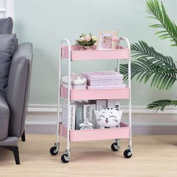 TOOLF 3 Tier Rolling Utility Cart - Easy Assembly in Pink