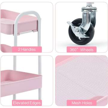 TOOLF 3 Tier Rolling Utility Cart - Easy Assembly in Pink