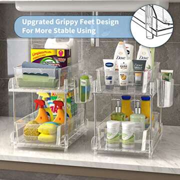 2 Tier Clear Organizer with Dividers, Pantry Organization Multi Purpose Slide-Out Bathroom, Kitchen Medicine Cabniet Bins, Under Sink Organizers and Storage, 2 Pack