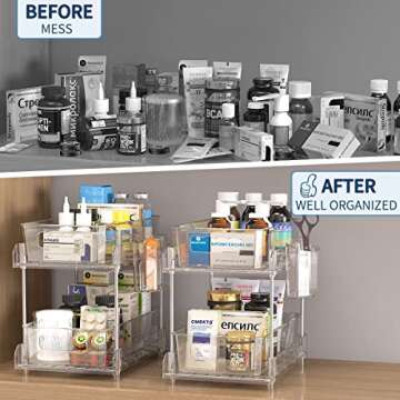 2 Tier Clear Organizer with Dividers, Pantry Organization Multi Purpose Slide-Out Bathroom, Kitchen Medicine Cabniet Bins, Under Sink Organizers and Storage, 2 Pack