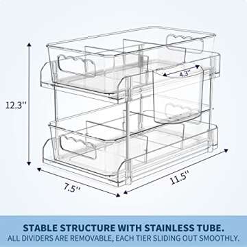 2 Tier Clear Organizer with Dividers, Pantry Organization Multi Purpose Slide-Out Bathroom, Kitchen Medicine Cabniet Bins, Under Sink Organizers and Storage, 2 Pack