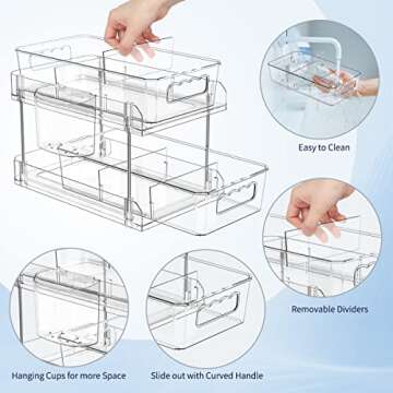 2 Tier Clear Organizer with Dividers, Pantry Organization Multi Purpose Slide-Out Bathroom, Kitchen Medicine Cabniet Bins, Under Sink Organizers and Storage, 2 Pack