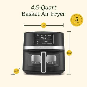 Cuisinart Air Fryer Oven – 4.5-Qt Basket Black and Stainless Steel Air Fryer – Dishwasher-Safe Parts with 4 Presets – Roast, Bake, Broil, Air Fry and Keep Warm – Quick & Easy Meals – AIR-160