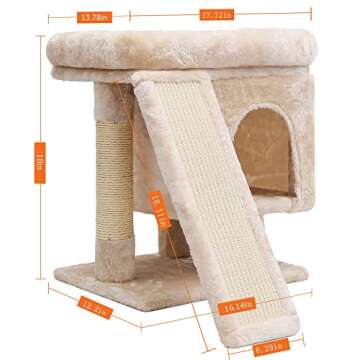 SYANDLVY Small Cat Tree for Indoor Large Cats, Kittens Condo with Scratching Post and Board, Modern Activity Tower with Cave (Beige)