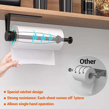 Paper Towel Holder Under Cabinet, Single Hand Operable Wall Mount with Damping Effect, Self-Adhesive or Drilled for Kitchen Bathroom, Black