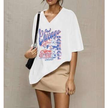 Oversized Chicago Baseball Shirt Women Baseball Mama Tops Chicago Fan V Neck Short Sleeve Shirt White