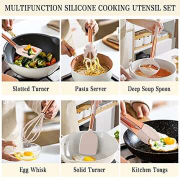 Umite Chef 14 pcs Silicone Cooking Utensils Kitchen Utensil Set - 446°F Heat Resistant, Kitchen Gadgets Tools Set with Copper Stainess Steel Handles for Non-Stick Cookware (Khaki)