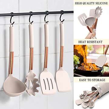 Umite Chef 14 pcs Silicone Cooking Utensils Kitchen Utensil Set - 446°F Heat Resistant, Kitchen Gadgets Tools Set with Copper Stainess Steel Handles for Non-Stick Cookware (Khaki)