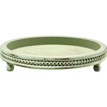 Handmade Wooden Decorative Tray, Small Beaded Coffee Table Tray Decor, Sage Round Serving Tray for Coffee Table, Dining Room Table Entryway and Living Room Table