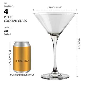 FAWLES Crystal Martini Glasses Set of 4, 9 Ounce V-Shape Straight-stemmed Classic Clear Cocktail Glasses Set, Wine Gift for Engagement Party,Work Gatherings, Housewarming