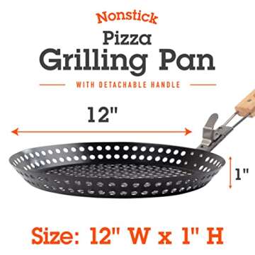 Pizza Grilling Pan (12") - Indoor Outdoor Pan w/Removable Handle to Easily Close Grill Grate & Transport Hot Dish - Holiday Xmas Gift - High Walls to Deep Dish Pizza & Air Holes for Crispy Crust