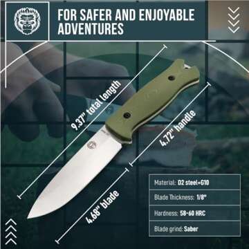 Holtzman's Gorilla Survival 'Hornet' Fixed Blade Hunting Knife with Sheath, Fire Starter, Scraper & Paracord (Silver+Green)