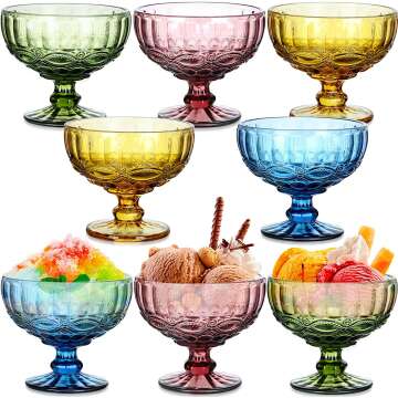 8 Pcs 10oz Glass Ice Cream Cups Colorful Vintage Pressed Pattern Glass Dessert Bowls Footed Sundae Cups Dishwasher Microwave Safe Glass Bowl for Desserts Ice Cream Fruits Salads Snacks Drinks