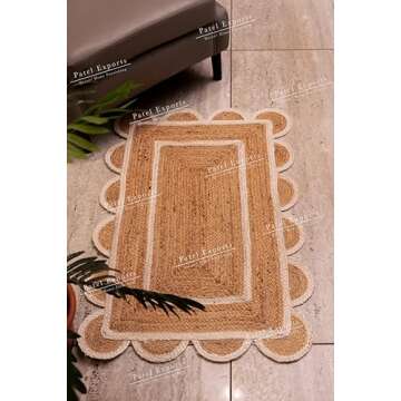 PATEL EXPORTS Natural Jute Scalloped Rug, Bohemian Area Rug, Boho Décor Indoor Outdoor Jute Rug, Handwoven Hallway Runner Rug, Custom Rug (3’x5')