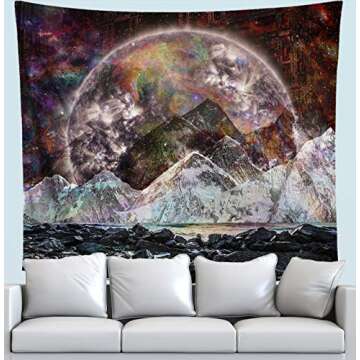 LUCID EYE Dark Moon Trippy Tapestry, Psychedelic Space and Mountain Landscape Wall Hanging, Surreal Trippy Art for Bedroom Living Room Dorm, 58x51 inches