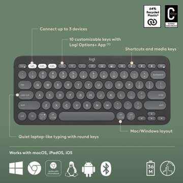 Logitech Pebble Keys 2 K380s, Multi-Device Bluetooth Wireless Keyboard, Customizable Shortcuts, Slim and Portable, Easy-Switch Windows, mac, iPad, Android, Chrome - Tonal Graphite (Renewed)