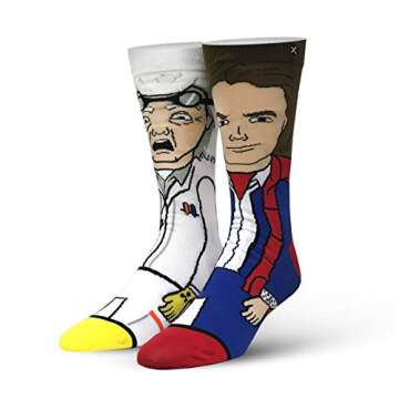 Odd Sox, Back to the Future, Funny Retro 80's Men's Crew Socks, Marty & Doc, Large