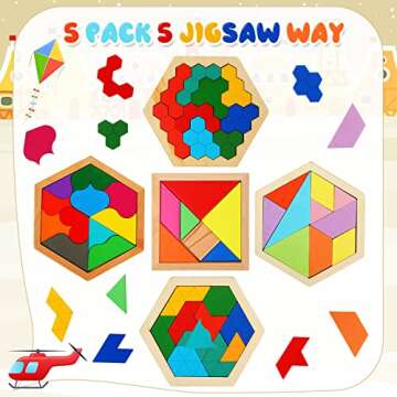 5 Pack Wooden Hexagon Puzzle for Kids - Fun & Educational