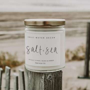 Sweet Water Decor Salt and Sea Candle - Sea Salt, Citrus, Amber, Musk, Beach Scented Soy Candles for Home - Coastal Decor for Beach Lovers - 9oz Clear Jar, 40 Hour Burn Time, Made in The USA