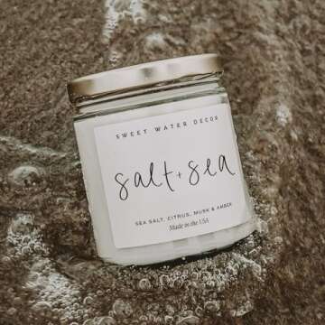 Sweet Water Decor Salt and Sea Candle - Sea Salt, Citrus, Amber, Musk, Beach Scented Soy Candles for Home - Coastal Decor for Beach Lovers - 9oz Clear Jar, 40 Hour Burn Time, Made in The USA