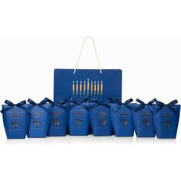 Nightly Hanukkah Gift Bag Set For You to Fill - One for each night, Chanukah Supplies, Blue Color Bag, Party Favor Bag, Add your own Gelt, Dreidel, Candy Kraft Paper Treat bags, Goodie Bags with Ribbons, Large Bag Included.